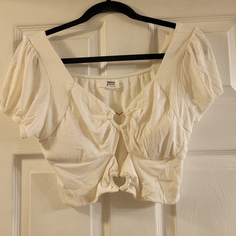 White madden nyc crop short sleeve heart cut outs on chest size xl